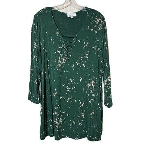 Prescott New York Women’s Plus Size Green Tunic Top Speckled Lace-Up Neckline 2X